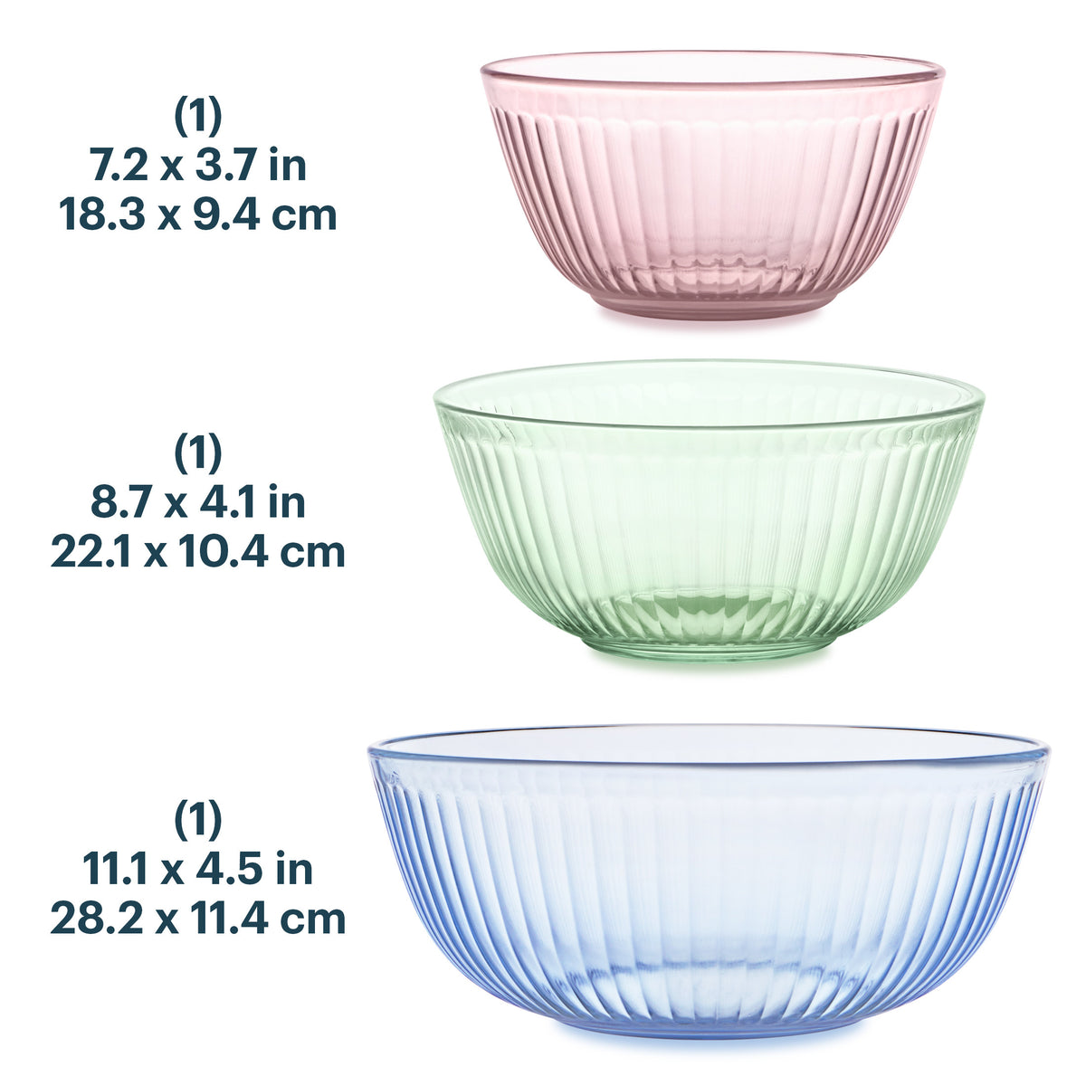 Three glass bowls in pink, green, and blue with measurements on a white background