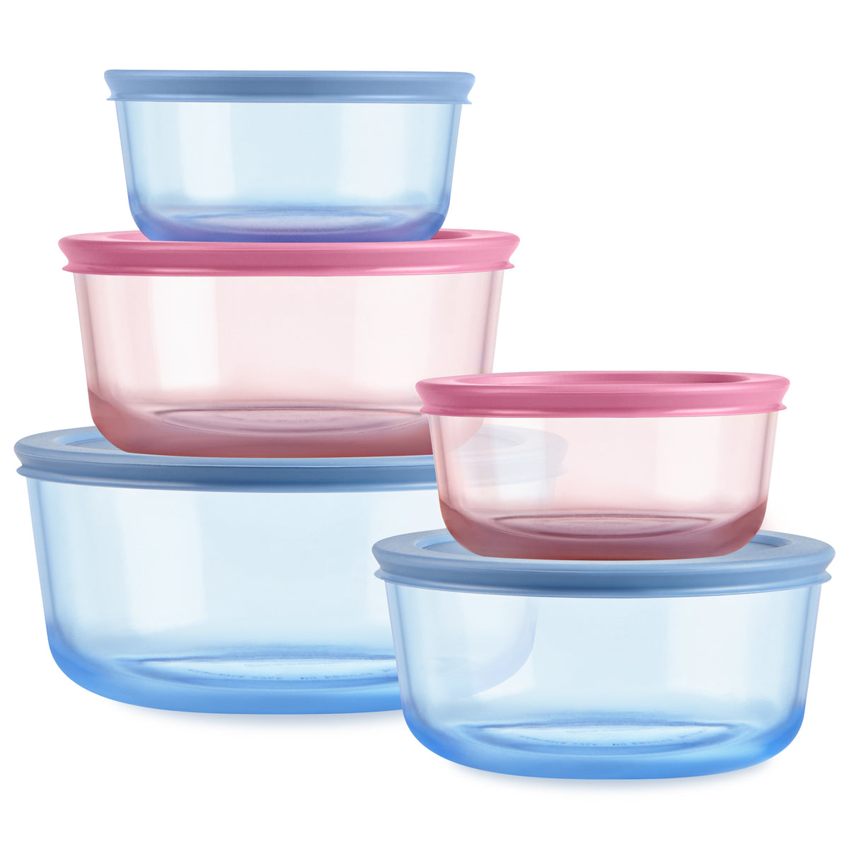 Set of colorful plastic food containers on a white background
