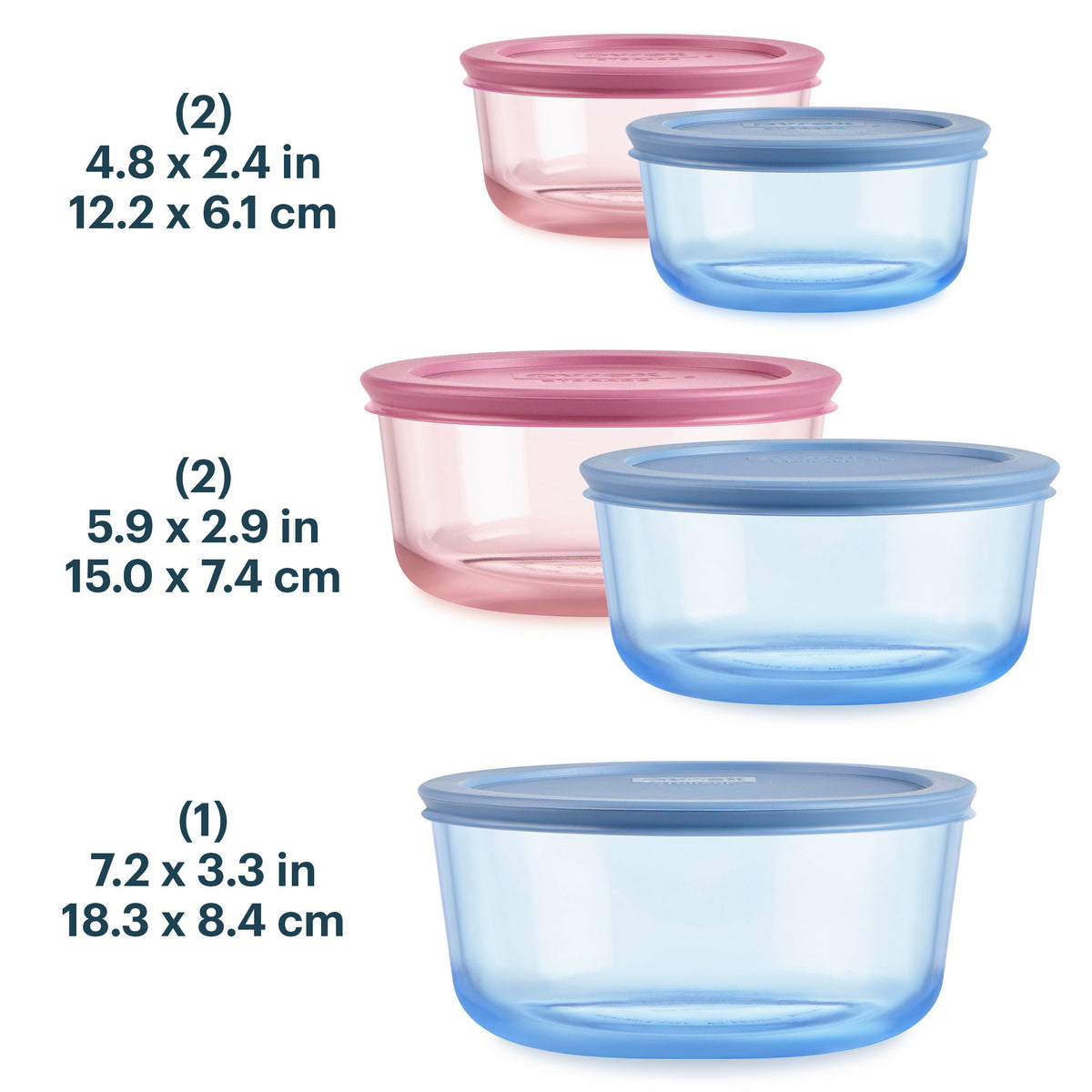 Set of plastic containers with lids in various sizes on a white background