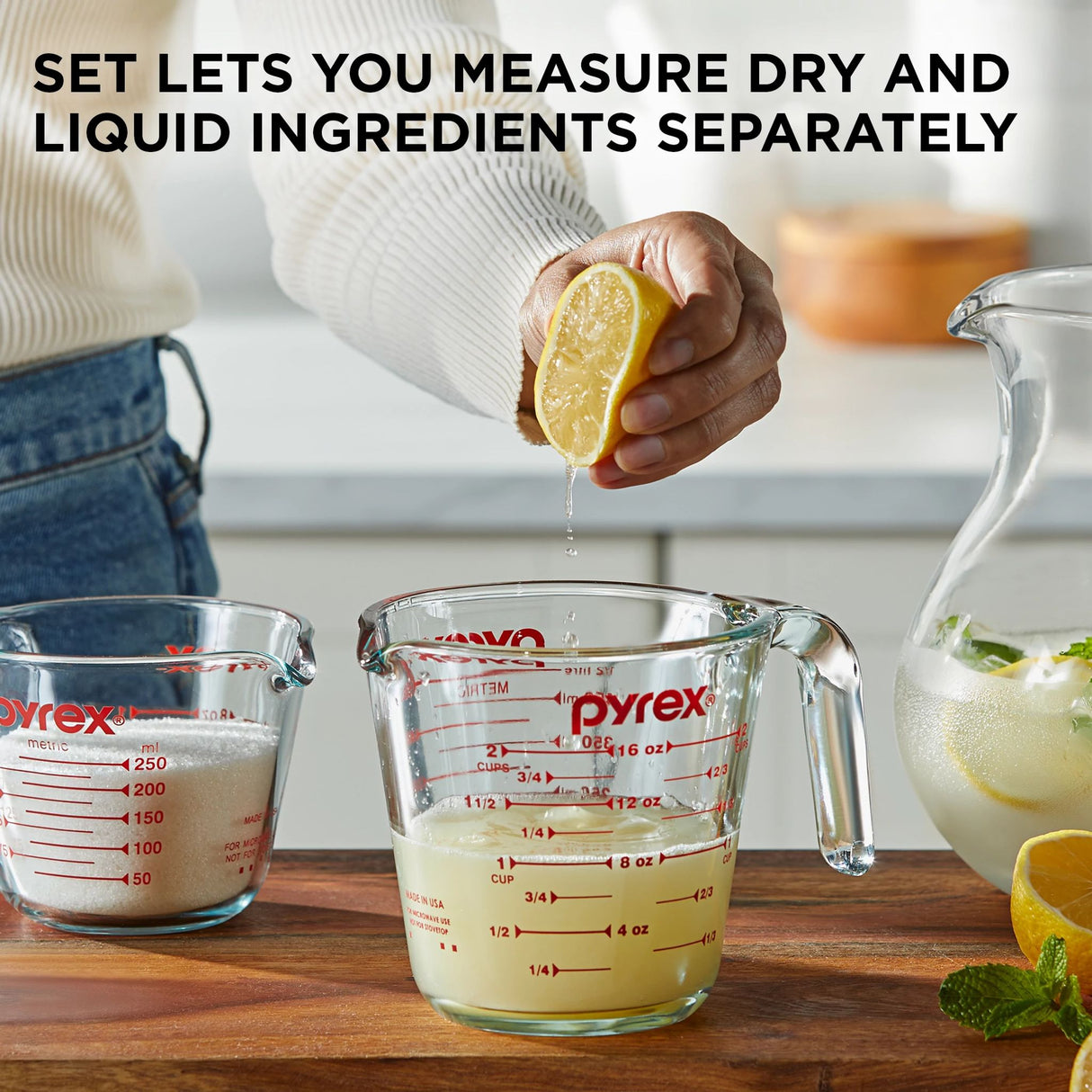 Smart Essentials Glass Measuring Cup Set with text set let you measure dry & liquid ingredients separately