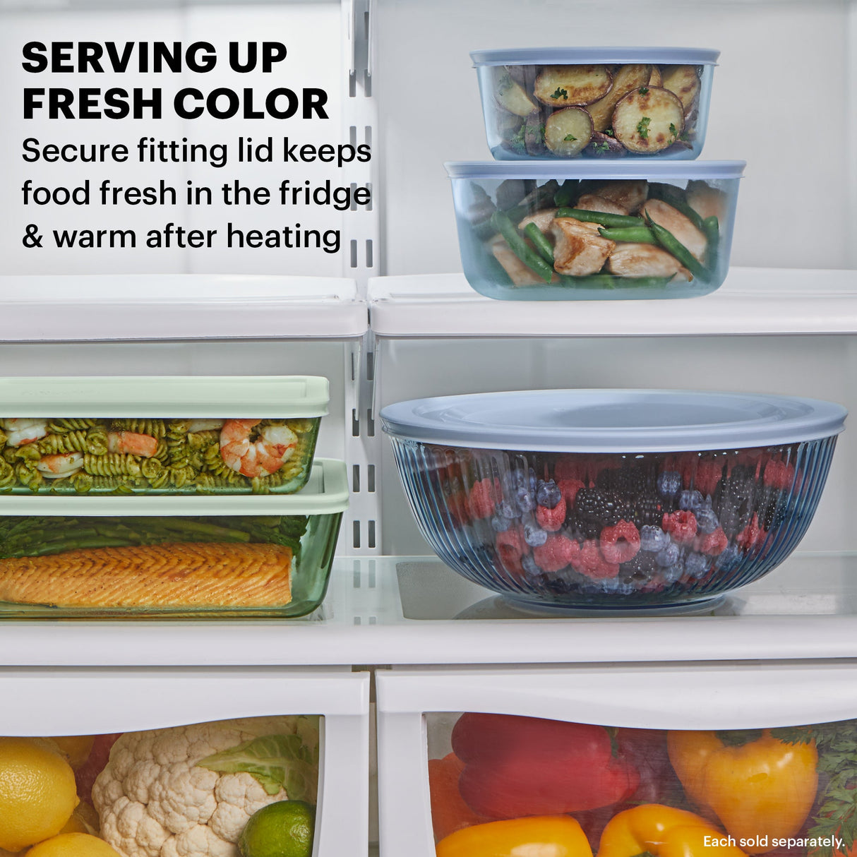 Sculpted Tinted Blue 4.5-qt Mixing Bowl with text serving up fresh color secure fitting lids keep food fresh