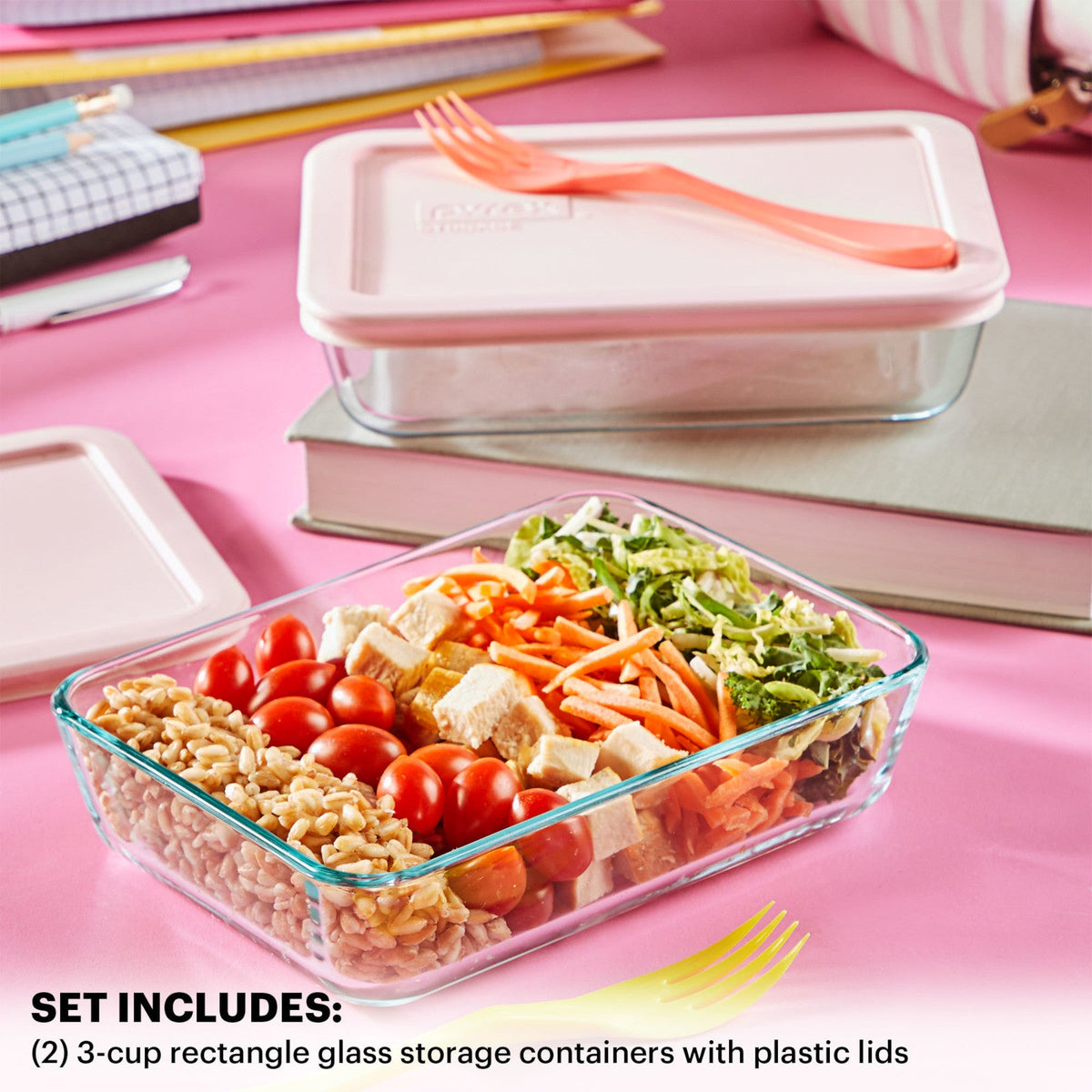 Pyrex Simply Store storage on table with food, text: set includes two 3-cup rectangle glass storage containers with plastic lids