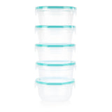 Set of five clear glass containers with teal lids on a white background