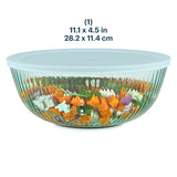 Glass mixing bowl with colorful vegetables and dimensions displayed