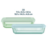 Two glass food storage containers with lids on a white background, showing dimensions.
