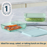 Glass food storage containers with lids on a marble surface, featuring the Glass Bakeware logo.