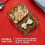 8" x 12" divided baking dish with text double the yum, cook 2 foods together or make dip & fill with chips or veggies