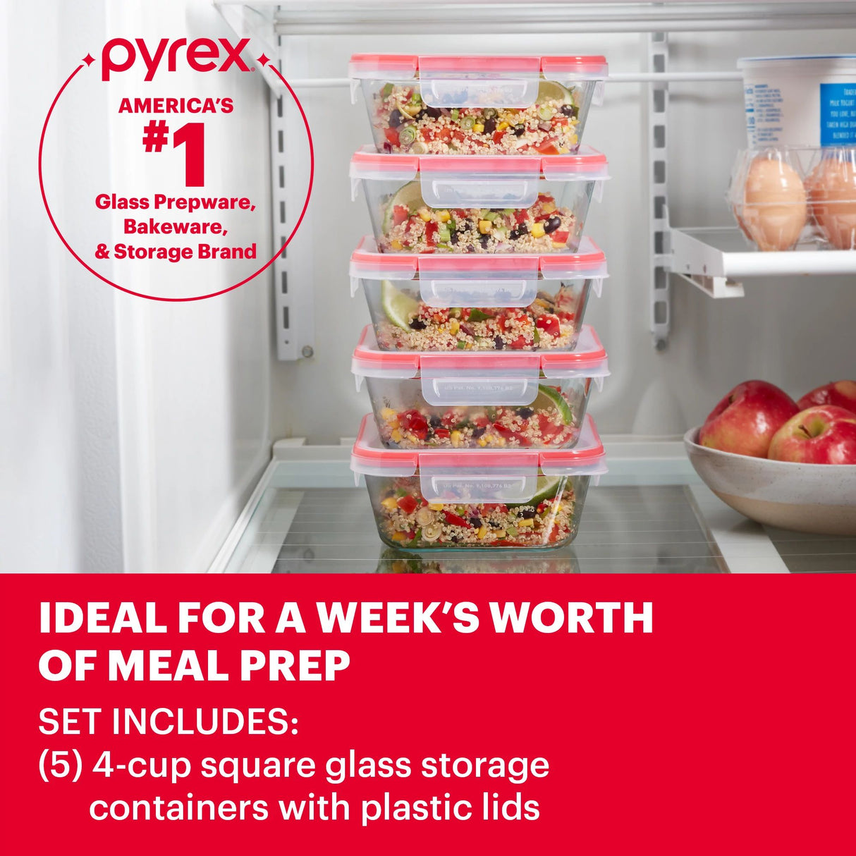  Freshlock™ 10-piece Meal Prep Glass Storage Set with text Pyrex #1 glass prep, bake, and storage brand ideal for week meal prep