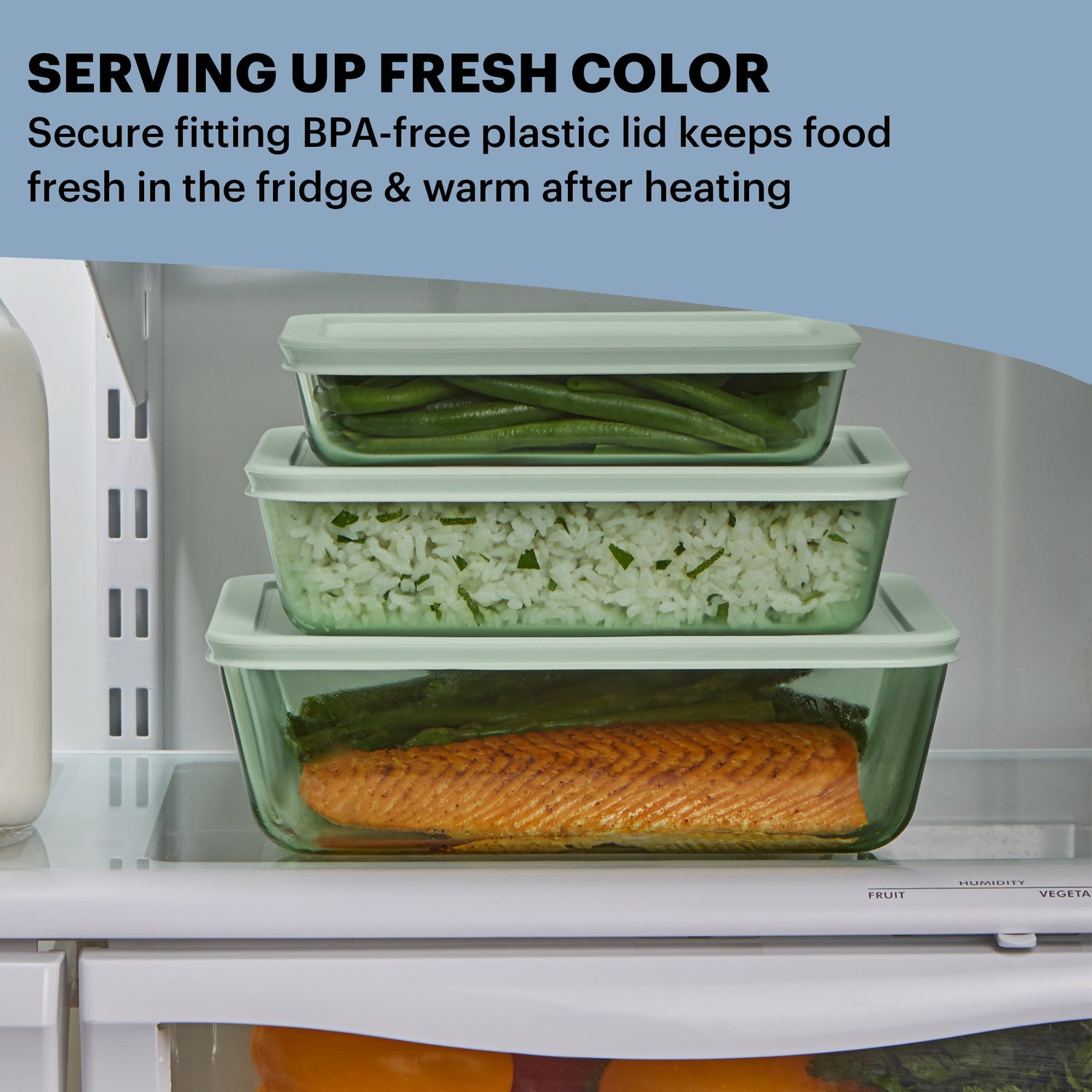 Simply Store Tinted 6-pc Green Rectangle Storage Set with text serving up fresh color secure fitting BPA plastic lid keeps food fresh