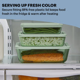 Simply Store Tinted 6-pc Green Rectangle Storage Set with text serving up fresh color secure fitting BPA plastic lid keeps food fresh
