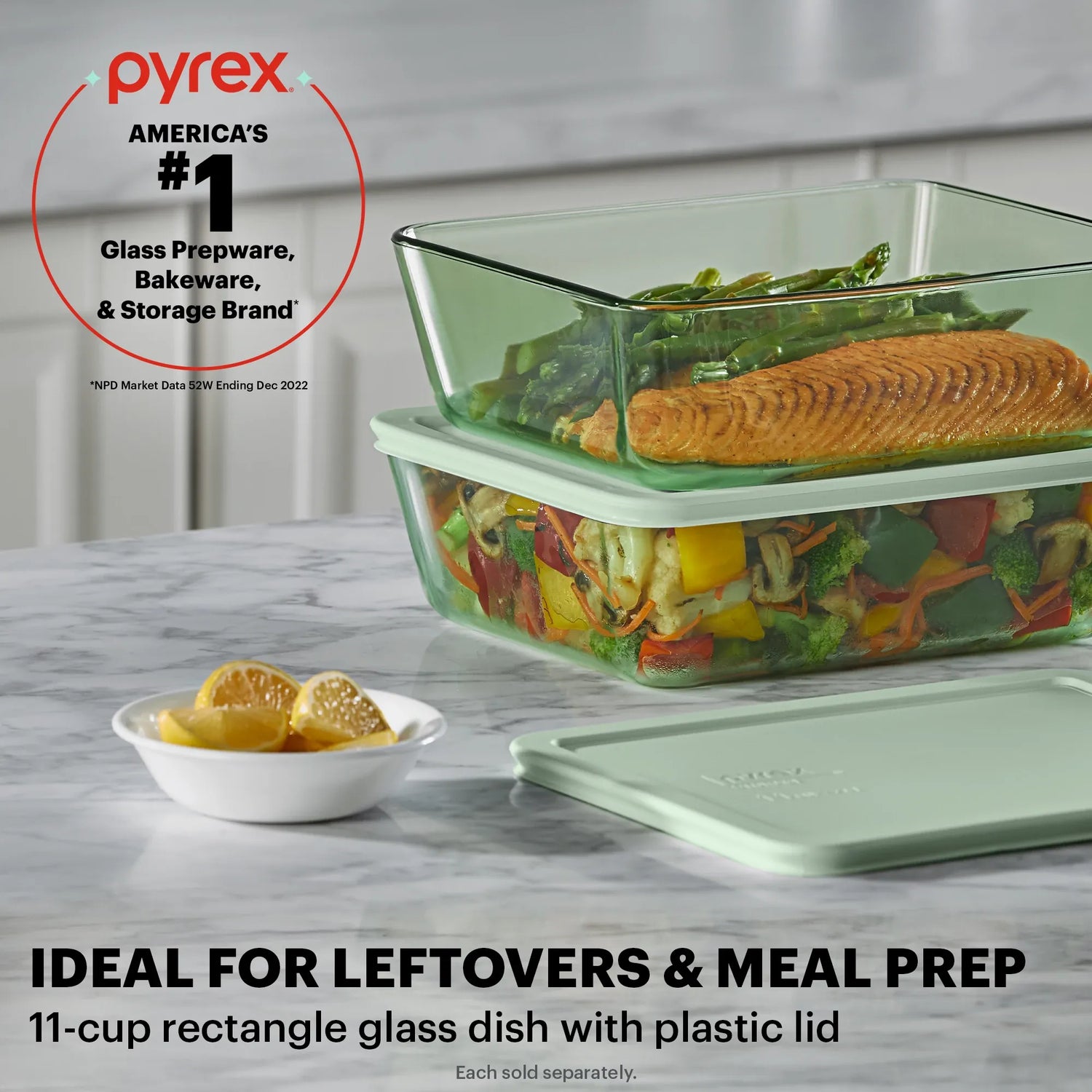  11-cup rectangle green glass with plastic lid  Ideal for Leftovers and Meal Prep