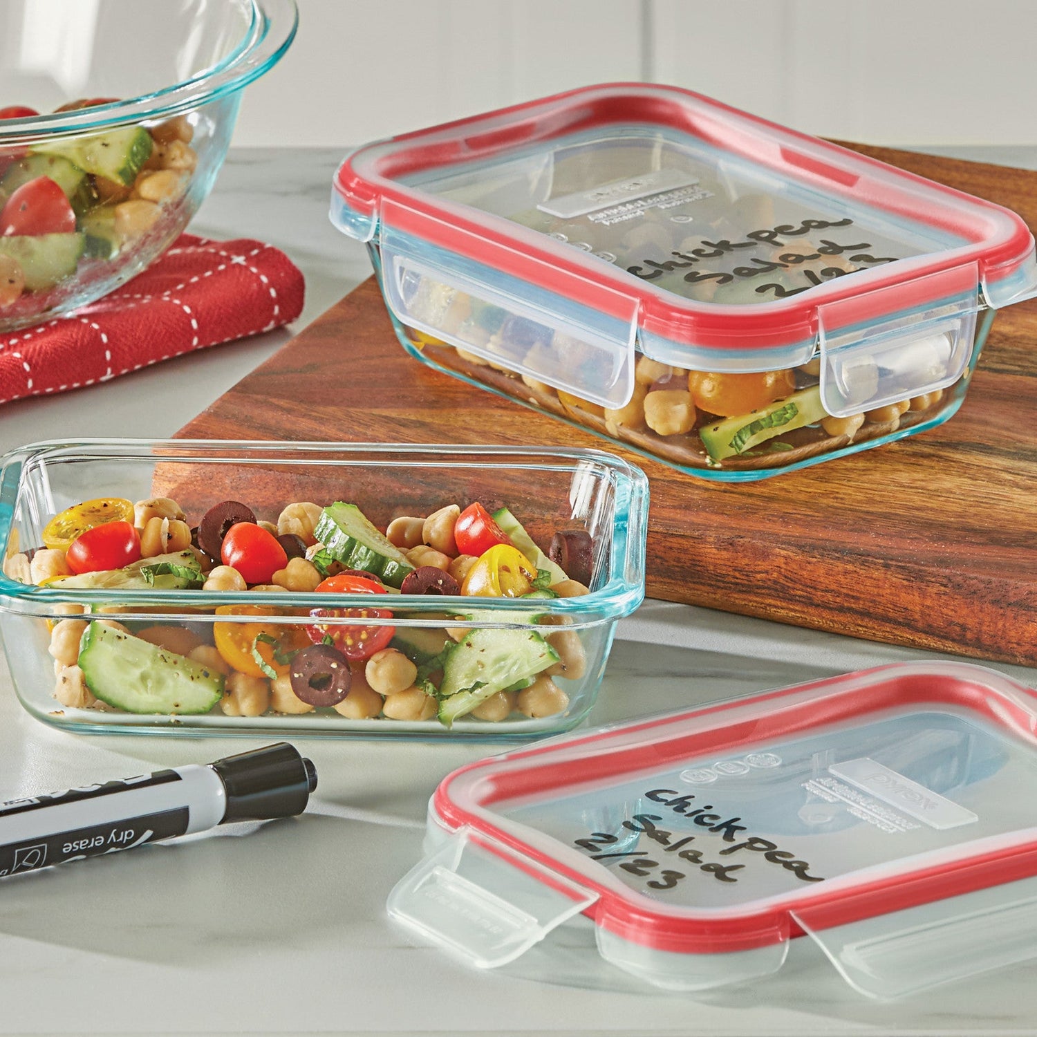 Freshlock 4-piece 2-cup rectangle glass showing write & erase labels