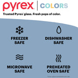 text Pyrex Colors trusted Pyrex Glass fresh pops of color, freezer dishwasher microwave and preheated oven safe