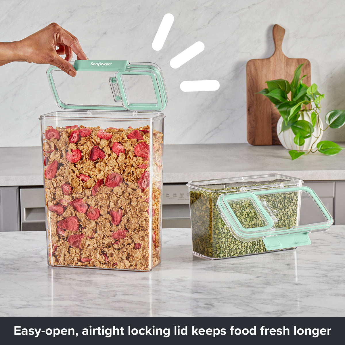 Snapware® plastic canisters with mint green airtight lids, shown open to highlight easy-access locking lids and clear food storage design.