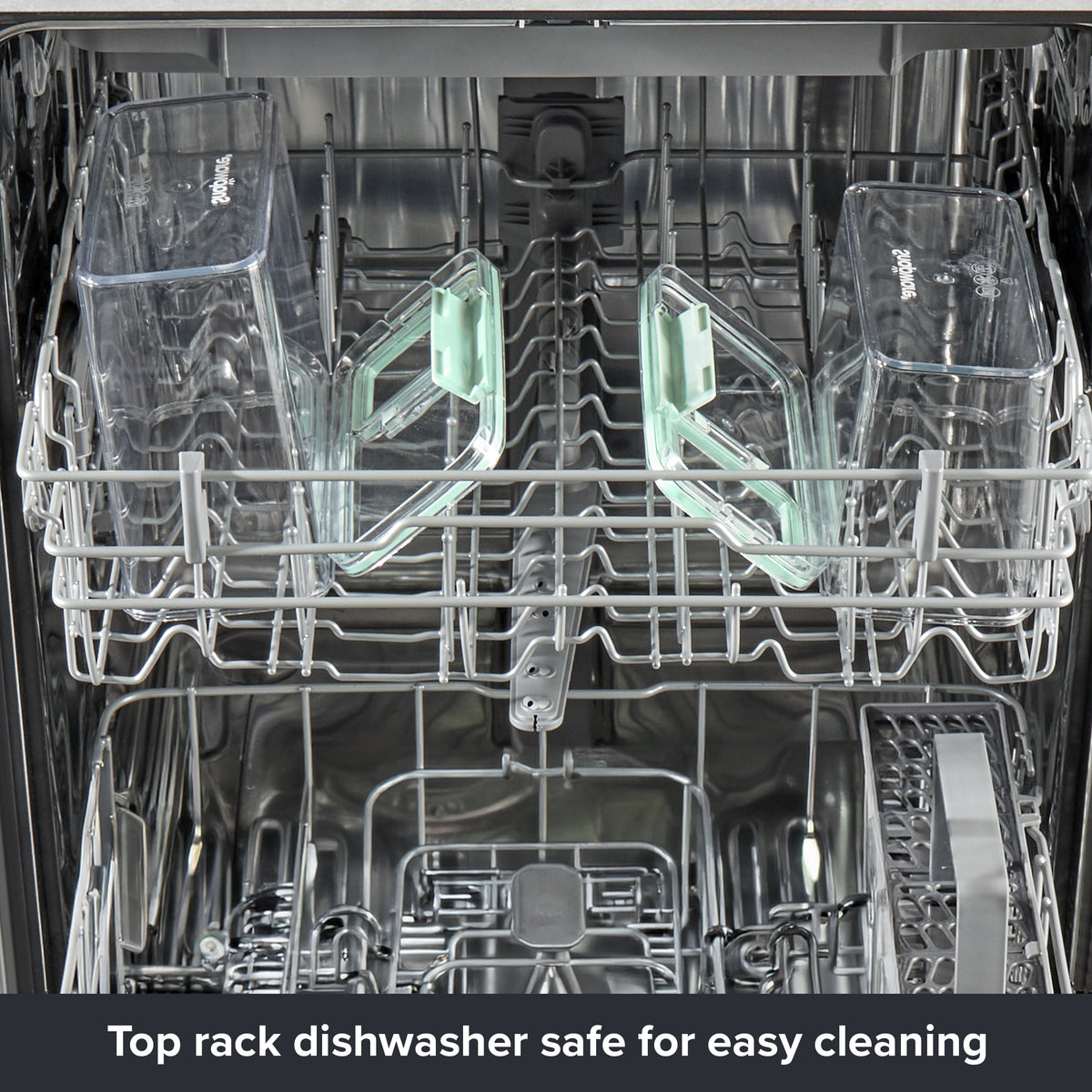 Snapware® plastic canister components placed on the top rack of a dishwasher, demonstrating dishwasher-safe containers and lids for easy cleaning.