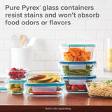 Pyrex glass containers with food on a kitchen counter, text about properties of Pyrex containers.