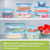 Set of BPA-free food storage containers with various foods inside, placed on a refrigerator shelf.