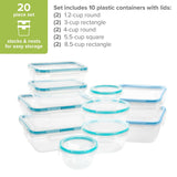 Set of 10 plastic containers with lids on a white background
