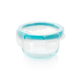 Clear container with a blue lid on a white background