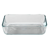 Clear glass rectangular baking dish on a white background