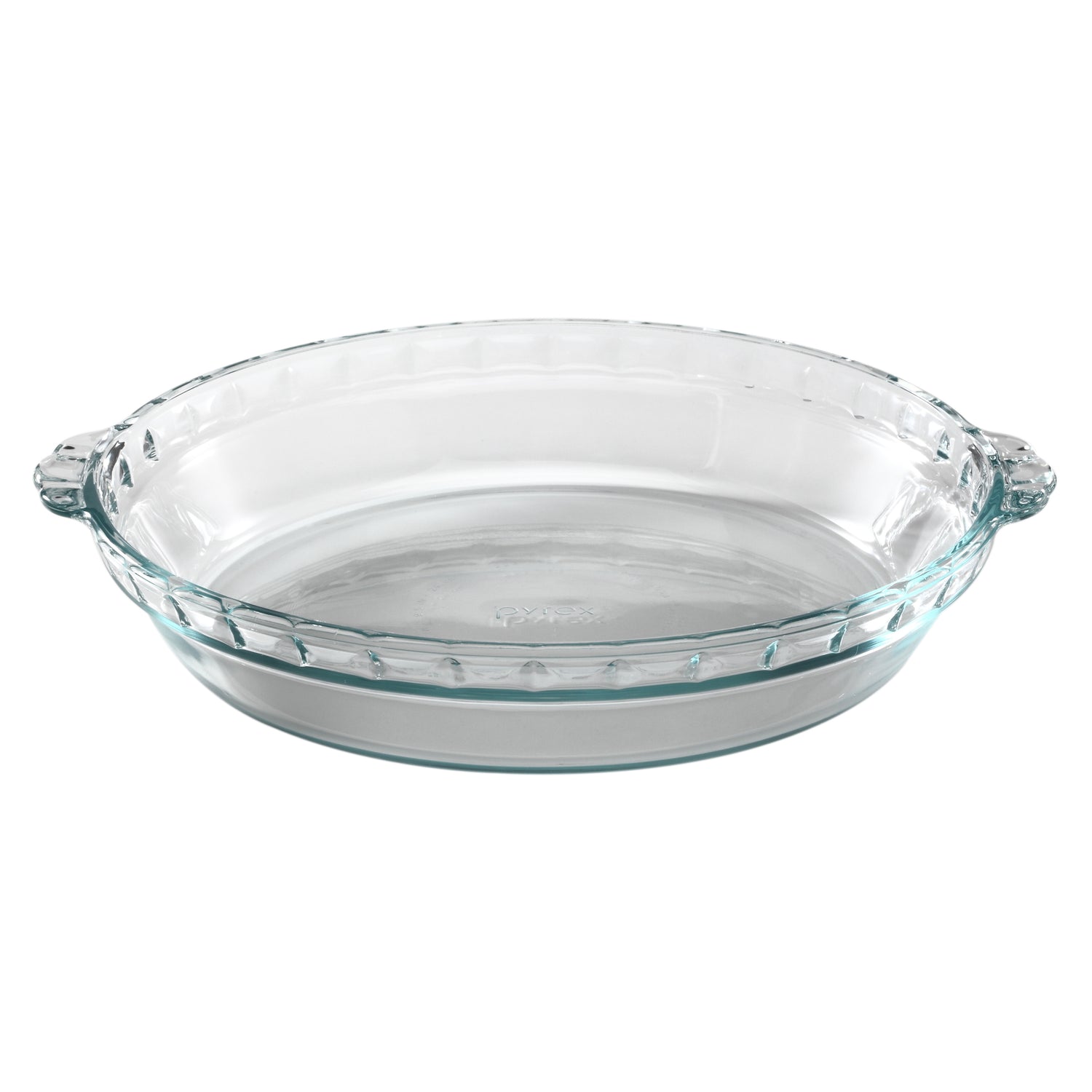 Clear glass pie dish on a white background