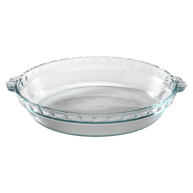 Clear glass pie dish on a white background